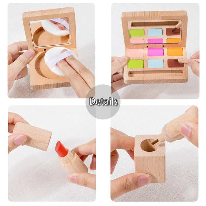 Spiel-Make-up-Set aus Holz für Mädchen – simulierte Schönheitsprodukte mit Lippenstift und Lidschatten – perfektes Geschenk für Kleinkinder