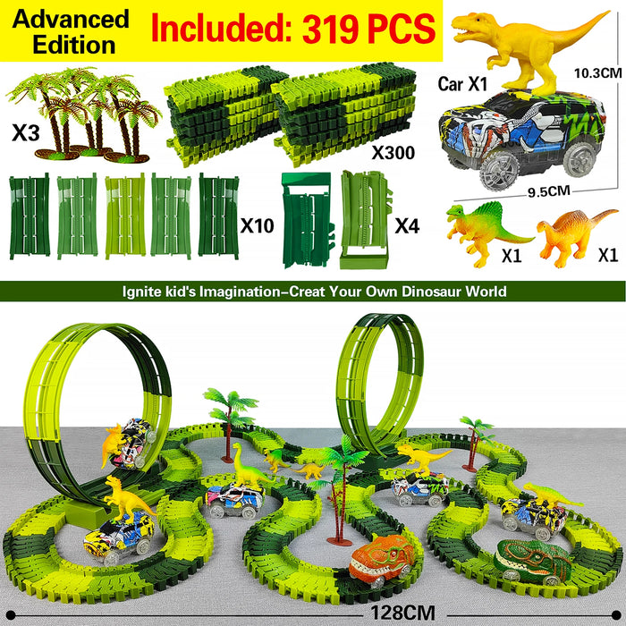 Magisches kletterndes elektrisches Dinosaurier-Autobahn-Set mit kurvenreicher Rennstrecke und blinkenden Lichtern – hochwertiges Spielzeug für Kinder
