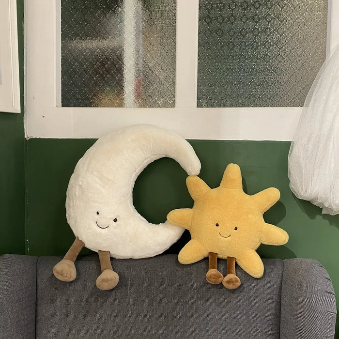 Bonita cara sonriente, Luna blanca, sol amarillo, Animal relleno para decoración de habitación de niños, cojín para sofá, figura de caramelo