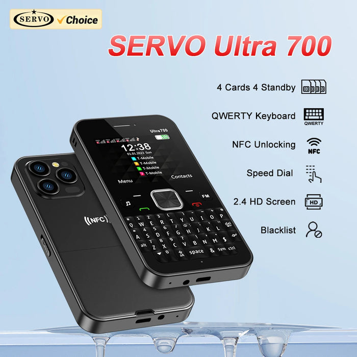 SERVO Ultra700 QWERTY 4 SIM Standby-Mobiltelefon 2G GSM Taschenlampe Anrufaufzeichnung Kurzwahl 2,4-Zoll-Telefone NFC-Zugriff entsperren