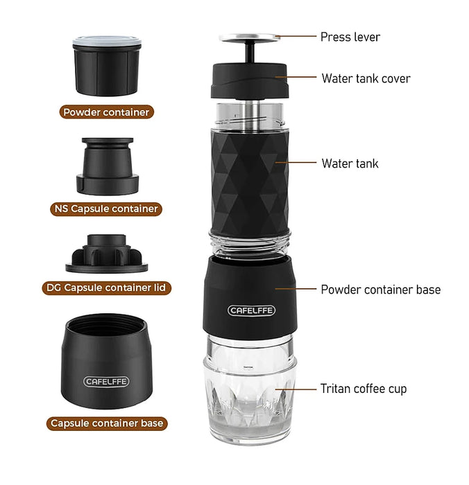 Cafelffe Cafetera portátil 3 en 1 para agua fría/caliente - Cafetera espresso manual para cápsulas y café molido para senderismo y viajes