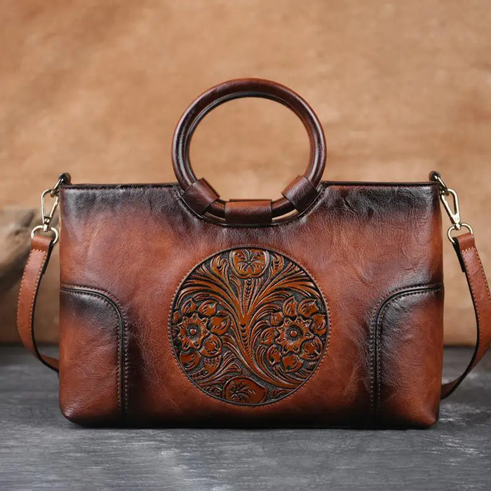 Elegant Handmade Floral Embossed Leather Shoulder Bag - Vintage Large Capacity Handbag for Women