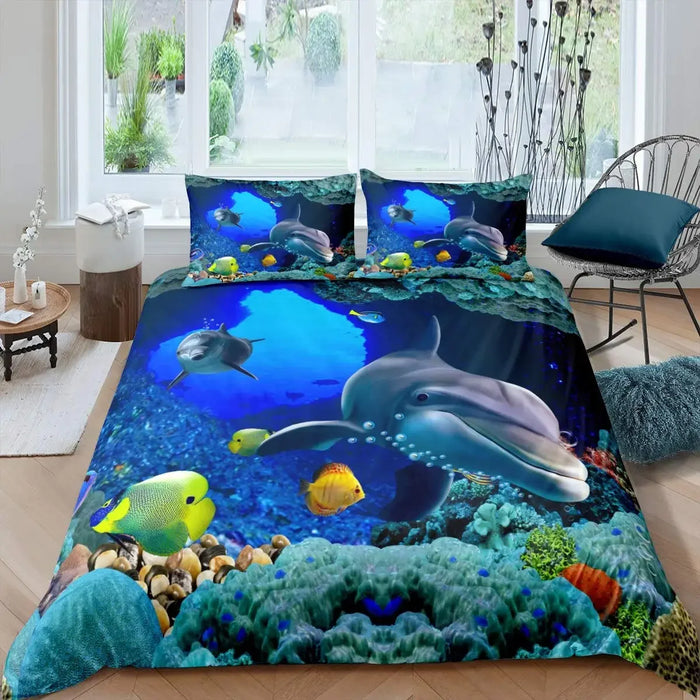 Juego de cama 3D con motivo de delfines - Motivo de mar azul en tamaño Queen y King para niños y adultos