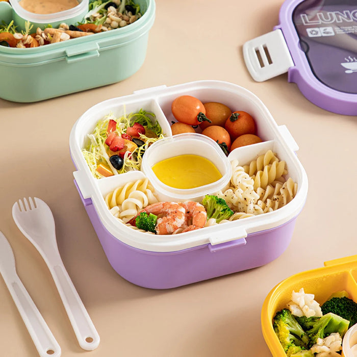 Boîte à bento double avec bol à salade – Passe au micro-ondes, grande capacité, 4 compartiments, boîte de rangement des aliments scellée pour organisateur de cuisine