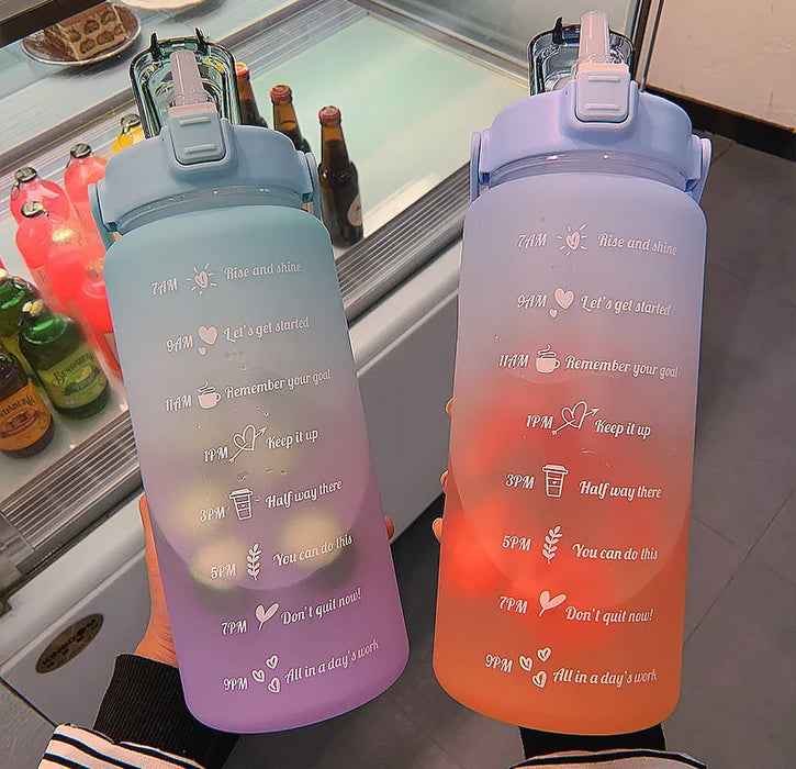 2-Liter-Sportflasche für den Außenbereich – innovative Kunststoffflasche mit Strohhalm und Zeitmarkierungen, auslaufsicheres Design