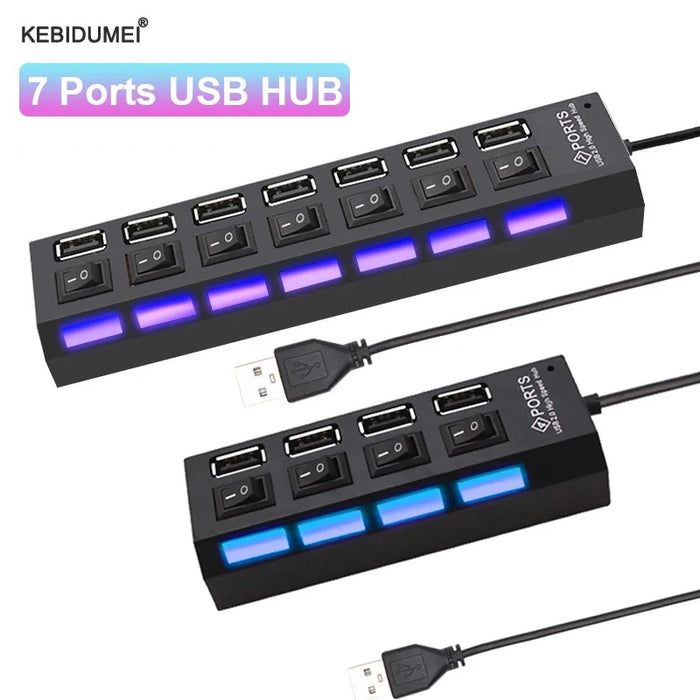 USB 2.0 Hub Multiport Splitter with Power Adapter 4/7 Ports and Power Switch 30CM Cable for Home