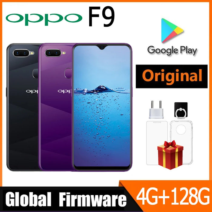 Smartphone OPPO F9 con firmware global: MediaTek Helio P60 de 6,3 pulgadas, Android 8.1, 4 GB de RAM, 128 GB de almacenamiento, sensor de huellas dactilares de montaje trasero, teléfono usado