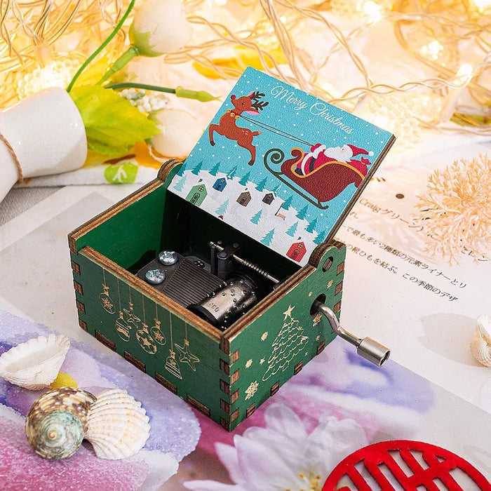 Wooden hand-operated octave box with Christmas music - Exclusive painting and perfect Christmas gift