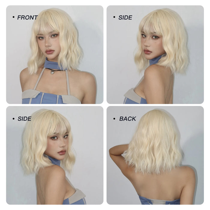 Short Curly Blonde Bob Wigs with Bangs in Platinum Gold for Lolita Cosplay - Heat Resistant Wigs for Women for Daily Wear and Party