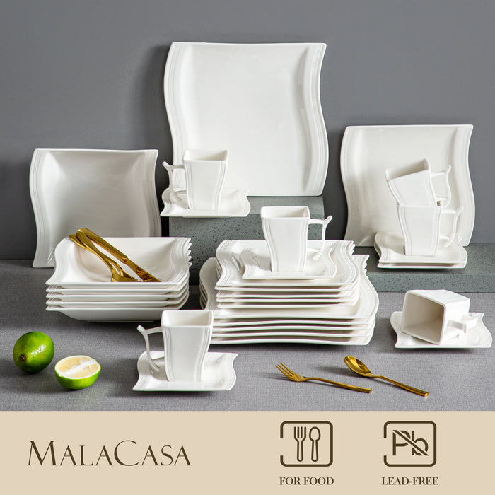 MALACASA FLORA 30/60-teiliges Tafelservice aus weißem Porzellan mit 12* Tasse, Untertasse, Dessert- und Suppentellern für 12 Personen