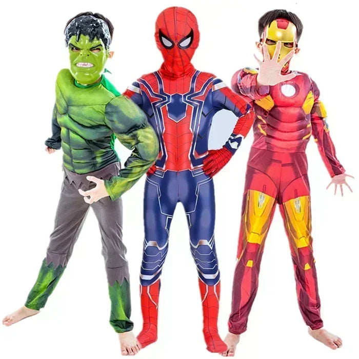 Nuevo traje de superhéroe para niños: juego completo de disfraces de Halloween con Hulk, Iron Man, Spider Man y Superman.