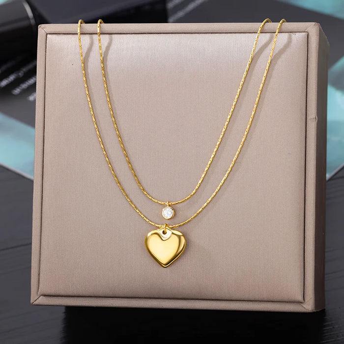 Layered Heart-Shaped Necklace in 316L Stainless Steel for Women and Girls - Gold Plated Choker Jewelry Gift for Birthdays