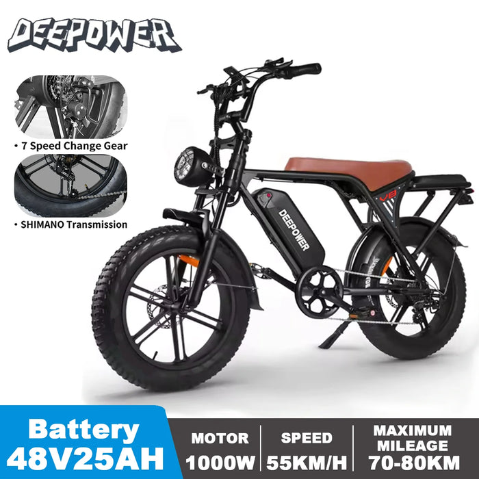 DEEPOWER V8 Elektrofahrrad für Erwachsene mit 1000-W-Motor – 48 V, 25 Ah, 20-Zoll-Reifen, elektrisches Offroad-Mountainbike