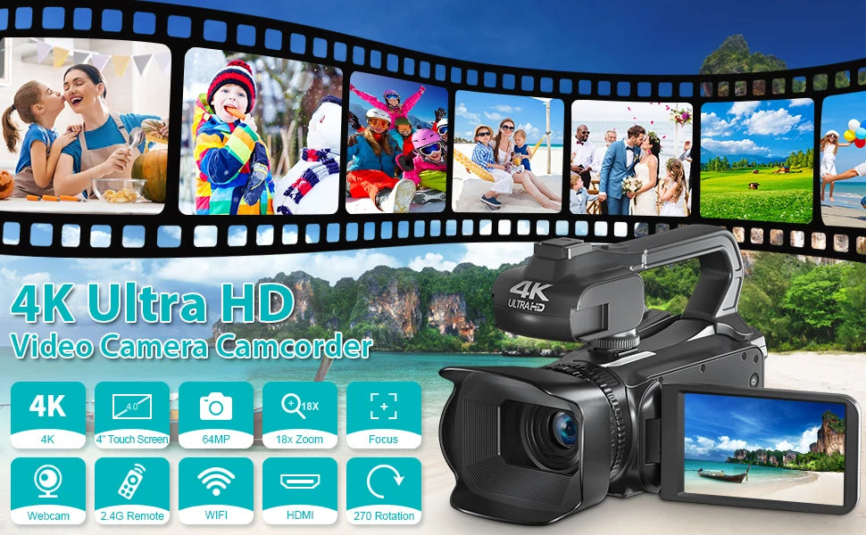 WIFI-Camcorder 4K 64MP 60FPS HD Autofokus Vlogging 4,0" Touchscreen 18X Zoom für Live-Streaming