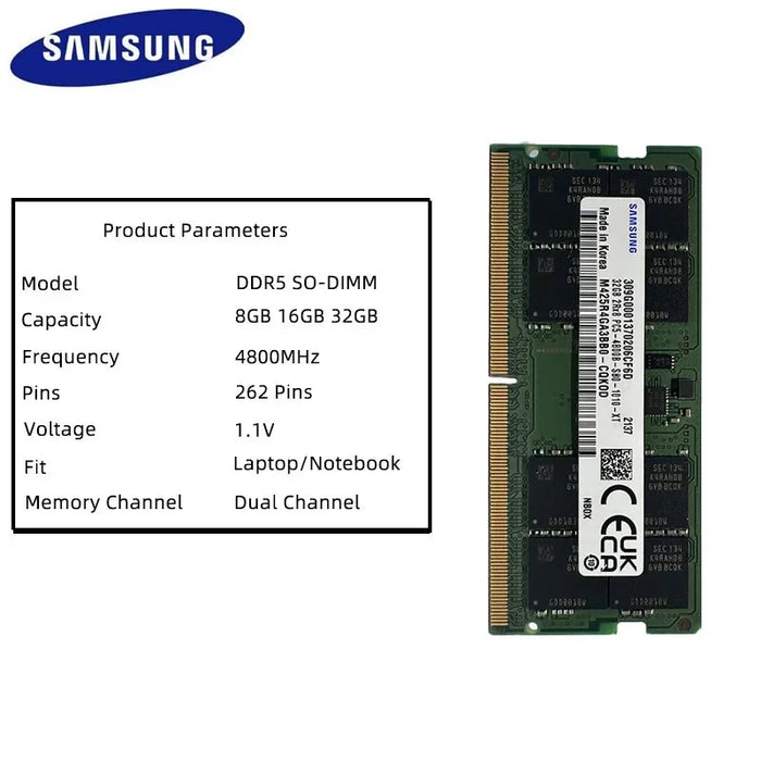 RAM para computadora portátil Samsung DDR5: 32 GB/16 GB/8 GB, 4800 MHz, actualización de 262 pines