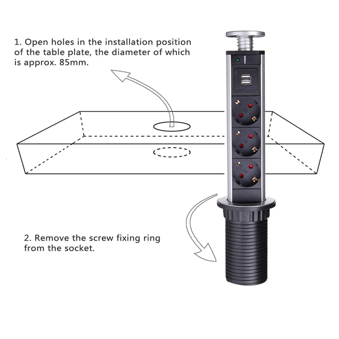 Prise Pop Up Murale avec 3 Sorties et Ports USB 2,4A - Rallonge 2M en Aluminium Déroulable pour Tablette de Cuisine