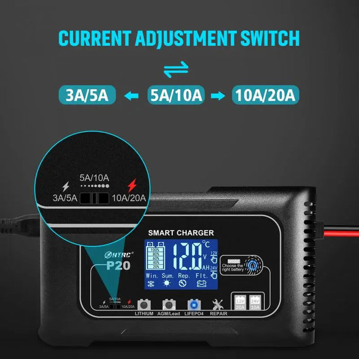 HTRC P20/P15/P10 12 V-24 V chargeur de batterie de voiture LCD réparation automatique d'impulsion charge pour Lifepo4 AGM chargeur de batterie au Lithium au plomb