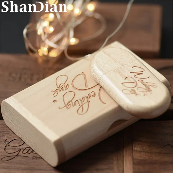 SHANDIAN Free LOGO Wooden + Box USB 2.0 Pen Drive 4GB 16GB 32GB 64GB Flash Drive Wedding Photography Gift U Disk