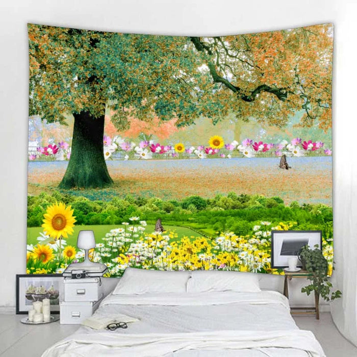 Magnifique papier peint cascade nature avec imprimé forêt et paysage marin - décoration murale hippie de style bohème avec motif mandala