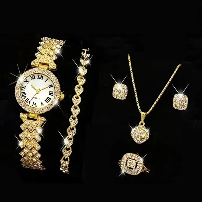 Conjunto de joyería de lujo con reloj, collar, aretes, anillo y pulsera para mujer: diamantes de imitación brillantes y diseño elegante