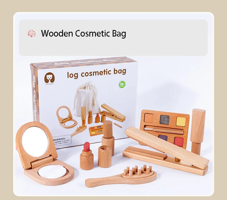 Spiel-Make-up-Set aus Holz für Mädchen – simulierte Schönheitsprodukte mit Lippenstift und Lidschatten – perfektes Geschenk für Kleinkinder