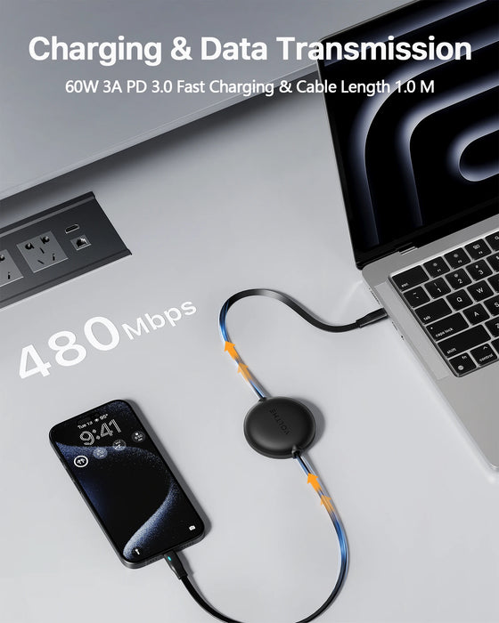 Câble USB C rétractable VOLTME PD 60W pour iPhone 15 Pro, iPad, Xiaomi, Oneplus, tablette, accessoires de charge rapide