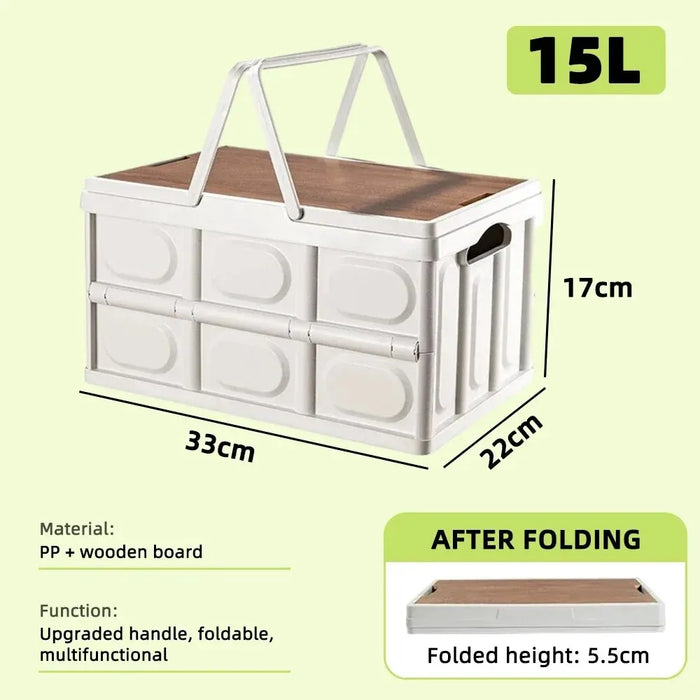 Collapsible 15L Outdoor Storage Box with Thick Bottom, Portable for Car Mounting, Wooden Lid for Home Organization