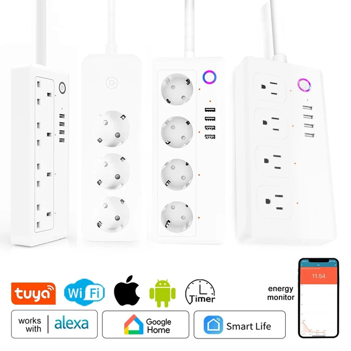 Commutateur WiFi intelligent avec 4 prises et 4 ports USB - Compatible avec Alexa, Google Home et Tuya Smart Home