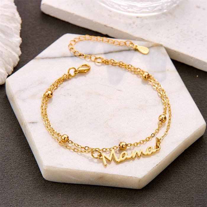 Elegant "Mama" Double Chain Charm Bracelet for Women - Stylish Metal Bangle Gift in 3 Colors for Mother's Day