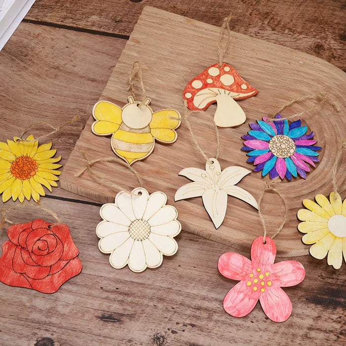 Juego de 10 colgantes decorativos de madera para primavera y Pascua, insectos y flores colgantes para proyectos creativos y envoltorios de regalos