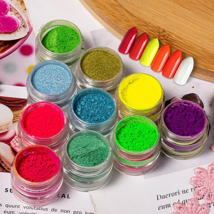 Poudre de pigment néon en paquet de 6 – Paillettes lumineuses pour ongles et poudre chromée pour manucure et décoration créatives