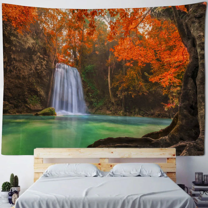 Belle tapisserie murale nature avec imprimé cascade et forêt, bonnet d'inspiration hippie, décoration murale mandala bohème