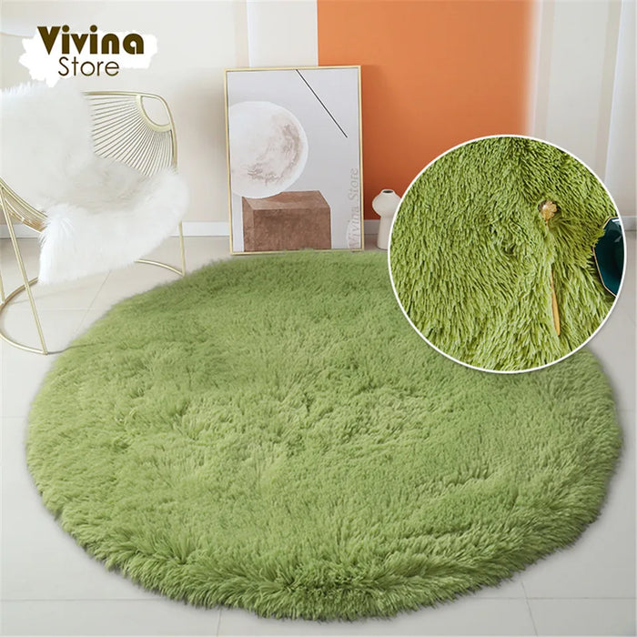 Round Green Plush Rug for Living Room - Fluffy Carpet for Sofa and Chairs, Long-Haired Floor Mat for Bathroom and Kids' Room Décor