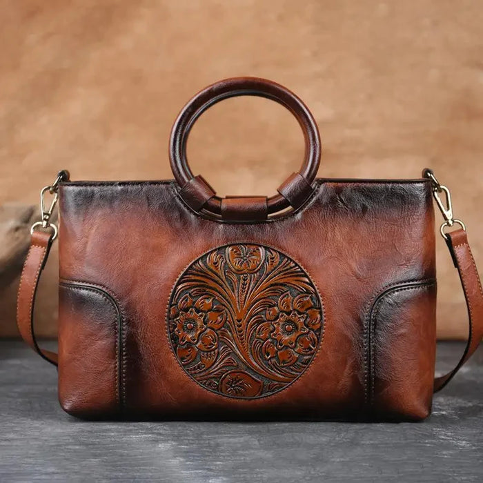 Elegant Handmade Floral Embossed Leather Shoulder Bag - Vintage Large Capacity Handbag for Women