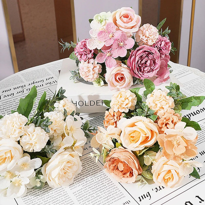 Eleganter Strauß aus Seidenpfingstrosen, Rosen und Hortensien – 7 Stiele künstlicher Blumen für Dekoration und Hochzeit