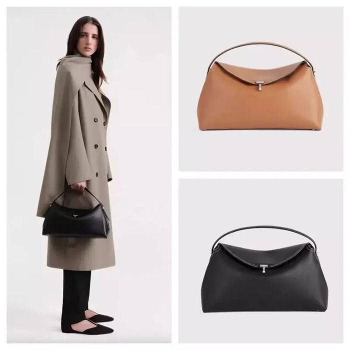 Chic Minimalist Single Shoulder Baguette Handbag with T Lock Closure in High-Quality Calfskin