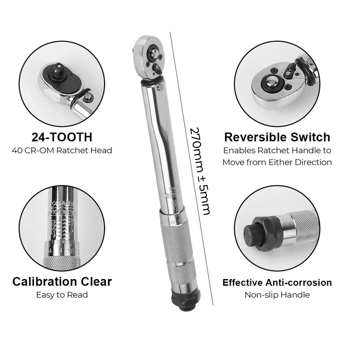 Clé micrométrique réglable 5-25 N·m - Clé dynamométrique professionnelle pour voiture et moto avec douille 1/4" et adaptateur 3/8