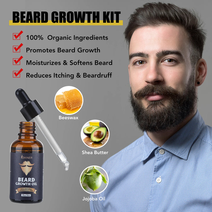 Kit para el crecimiento de la barba para hombres: aceites esenciales, herramientas de peinado y productos de cuidado