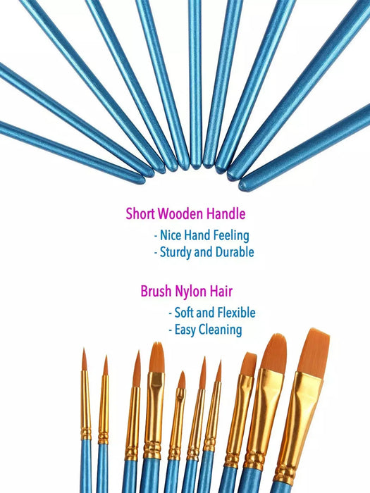 Professional Acrylic Brush Set - 10-Piece Nylon Hair Brushes for Oil and Watercolor Painting