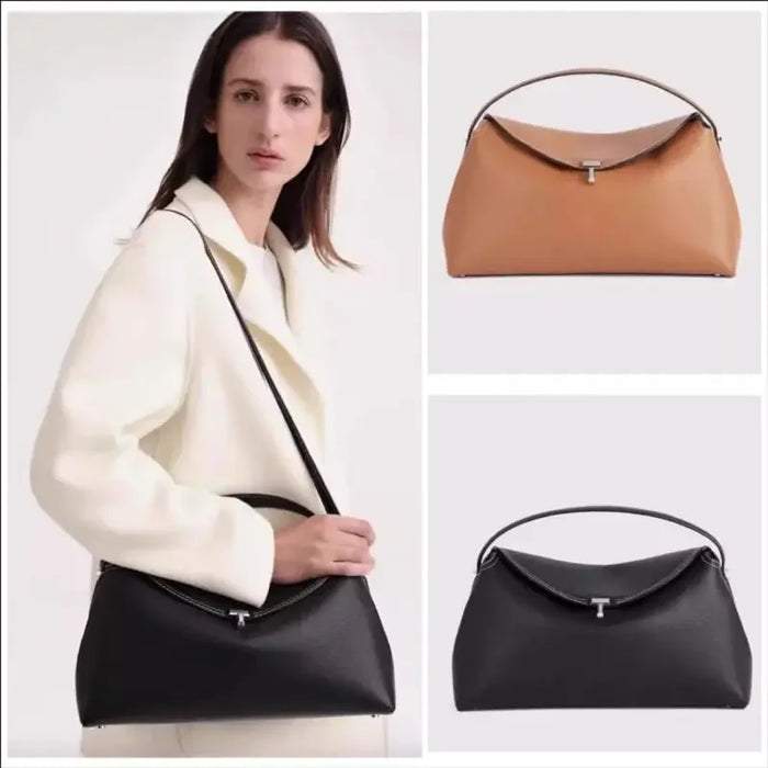 Chic Minimalist Single Shoulder Baguette Handbag with T Lock Closure in High-Quality Calfskin