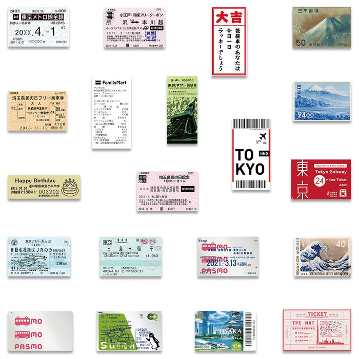 Paquete de 60 pegatinas japonesas estilo INS: postales, billetes y diseños de sellos retro para decorar diarios de viaje y accesorios