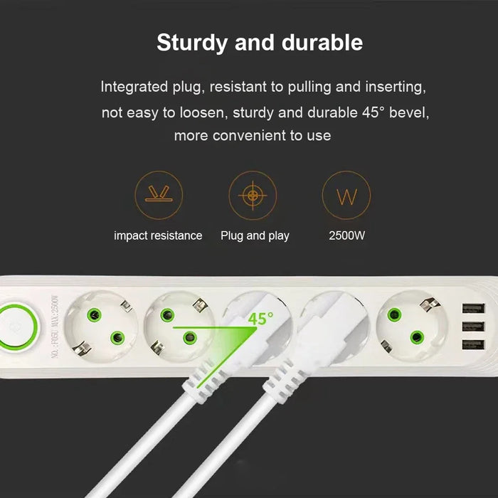 Boîte de jonction de prise ue avec 5 prises et 3 Ports USB, rallonge de 2M, prise ca à broches rondes, adaptateur multi-connecteur 2500W