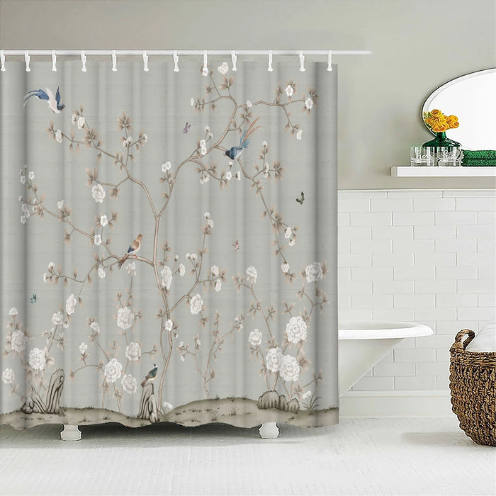 Rideau de douche en forme d'arbre à fleurs et oiseaux de Style chinois, imperméable, décor de salle de bain avec crochets, rideau de bain imprimé en 3D