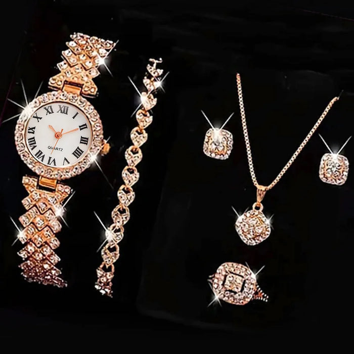 Ensemble de bijoux en cristal de luxe pour femmes - montre, collier, boucles d'oreilles, bague et bracelet