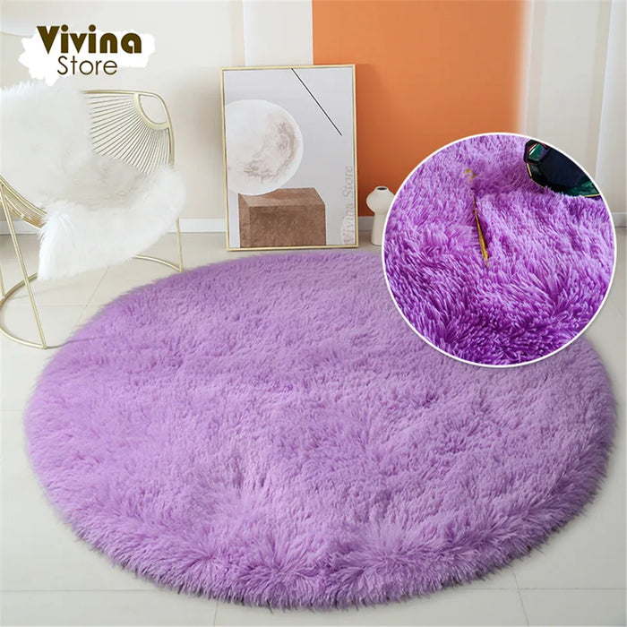 Round Green Plush Rug for Living Room - Fluffy Carpet for Sofa and Chairs, Long-Haired Floor Mat for Bathroom and Kids' Room Décor