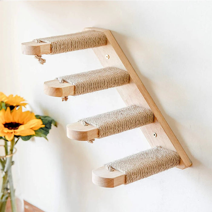 Sistema trepador para gatos de madera montado en la pared: estantes y escaleras elegantes para su gato