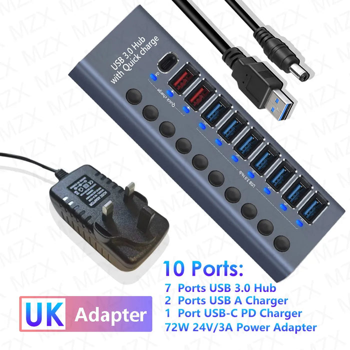 MZX 10 7 4 Port USB Hub 3.0 Aluminum A 3 0 Multi-hub Splitter Concentrator Dock Multiple Extensor Switch Adapter Docking Station