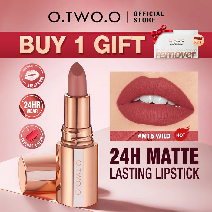 O.TWO.O Matter Lippenstift, langlebiger, wasserfester Lippenstift, wischfrei, klassisches, hochpigmentiertes Lippenfarb-Make-up mit samtigem Finish