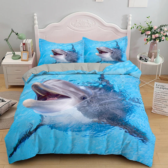 Juego de cama 3D con motivo de delfines - Motivo de mar azul en tamaño Queen y King para niños y adultos