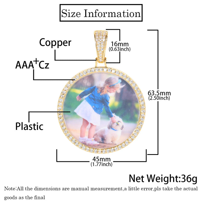 Hip Hop Schmuck Bling CZ Memory Fotorahmen Halskette benutzerdefinierte Foto Medaillons 26/35/45/68,5 mm Kreis Anhänger